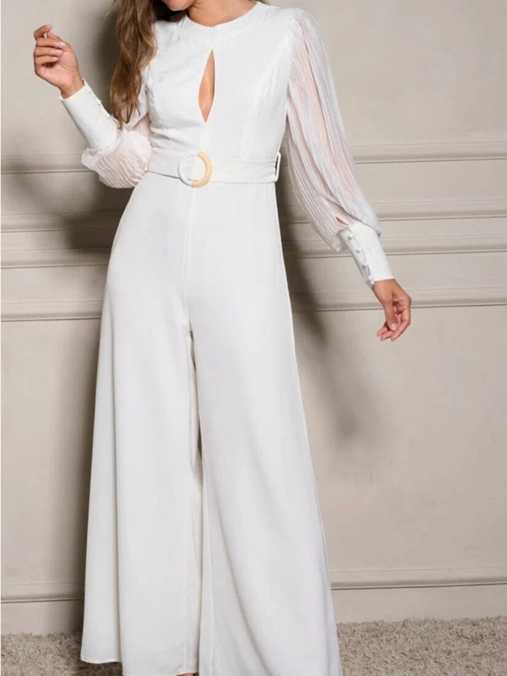 Chicways Ivory Long-Sleeve Belted Jumpsuit - Never Worn - Picture 9 of 11